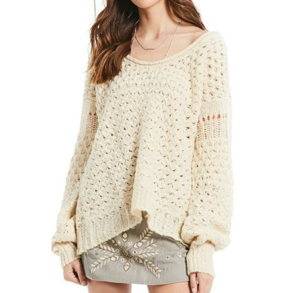 Free People Crochet Wool Blend Pullover Sweater Cream SZ S NWT